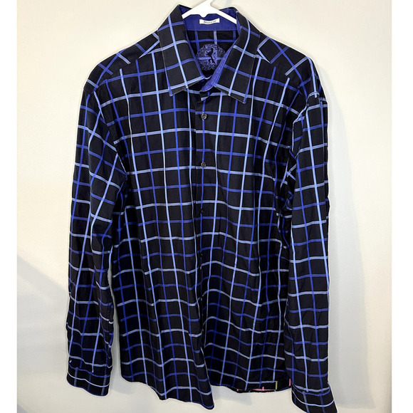 Bugatchi Windowpane Check Shaped Fit Long Sleeve Button Down Shirt Black/Blue XL - Picture 1 of 5
